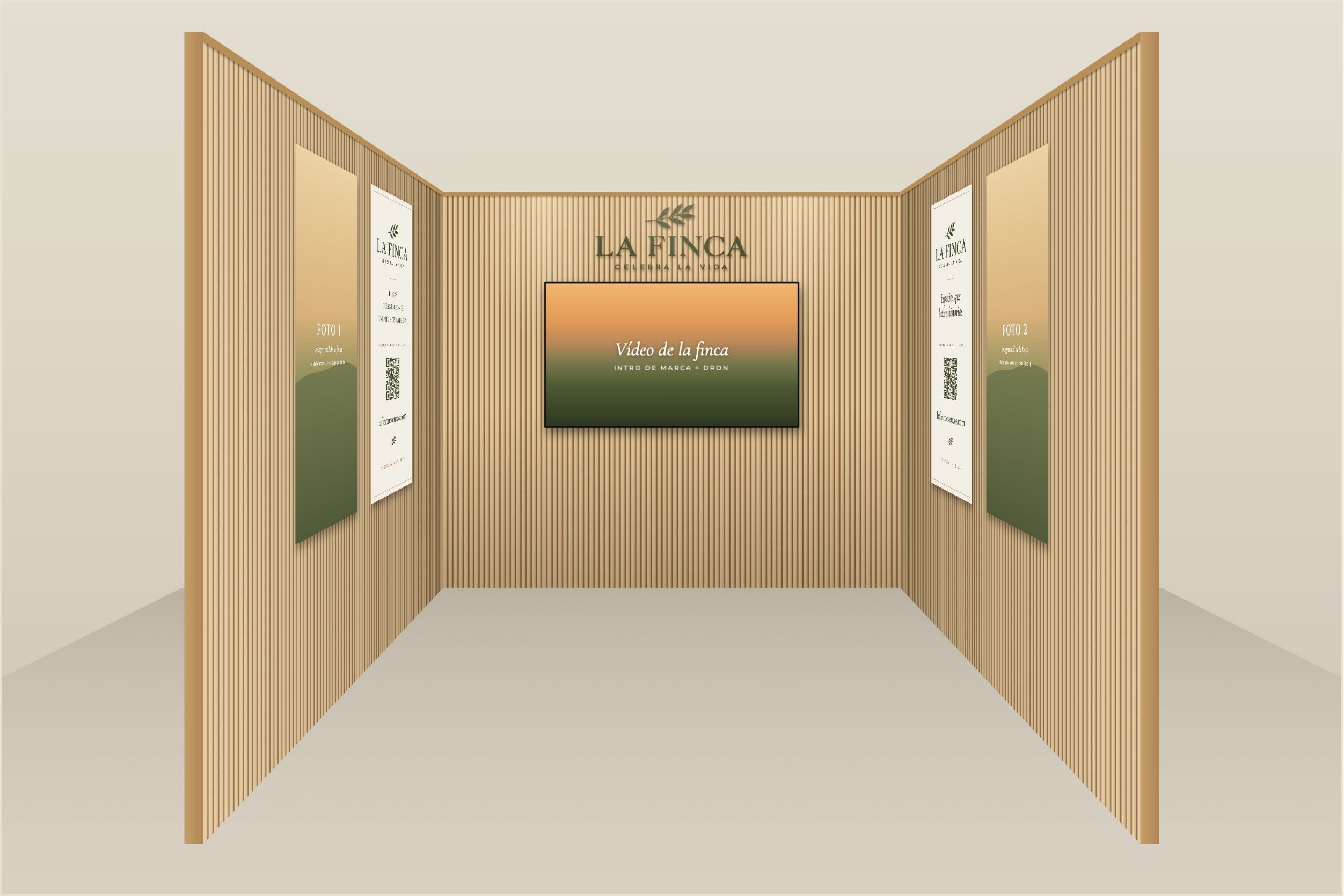 Render del stand de La Finca: paredes de palillería, el logotipo en letras corpóreas, la televisión con el vídeo de la finca y los cuadros laterales